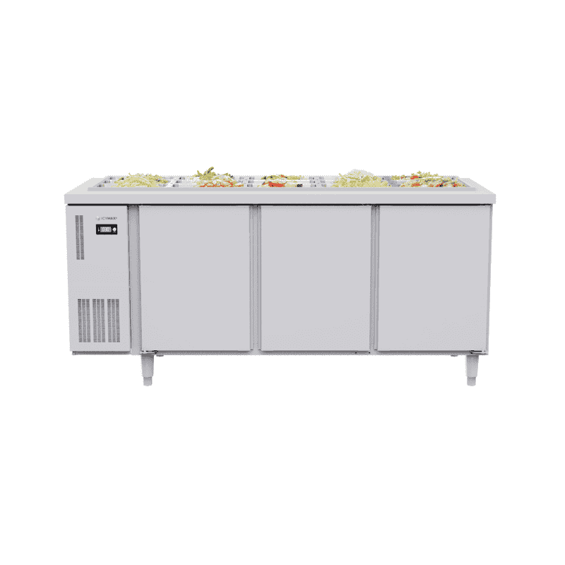 BÀN MÁT SALAD INOX 3 CÁNH ICYMAX 550 LÍT ISR-3S187 QUẠT GIÓ (R290) (INOX 430) (CHƯA KÈM KHAY)