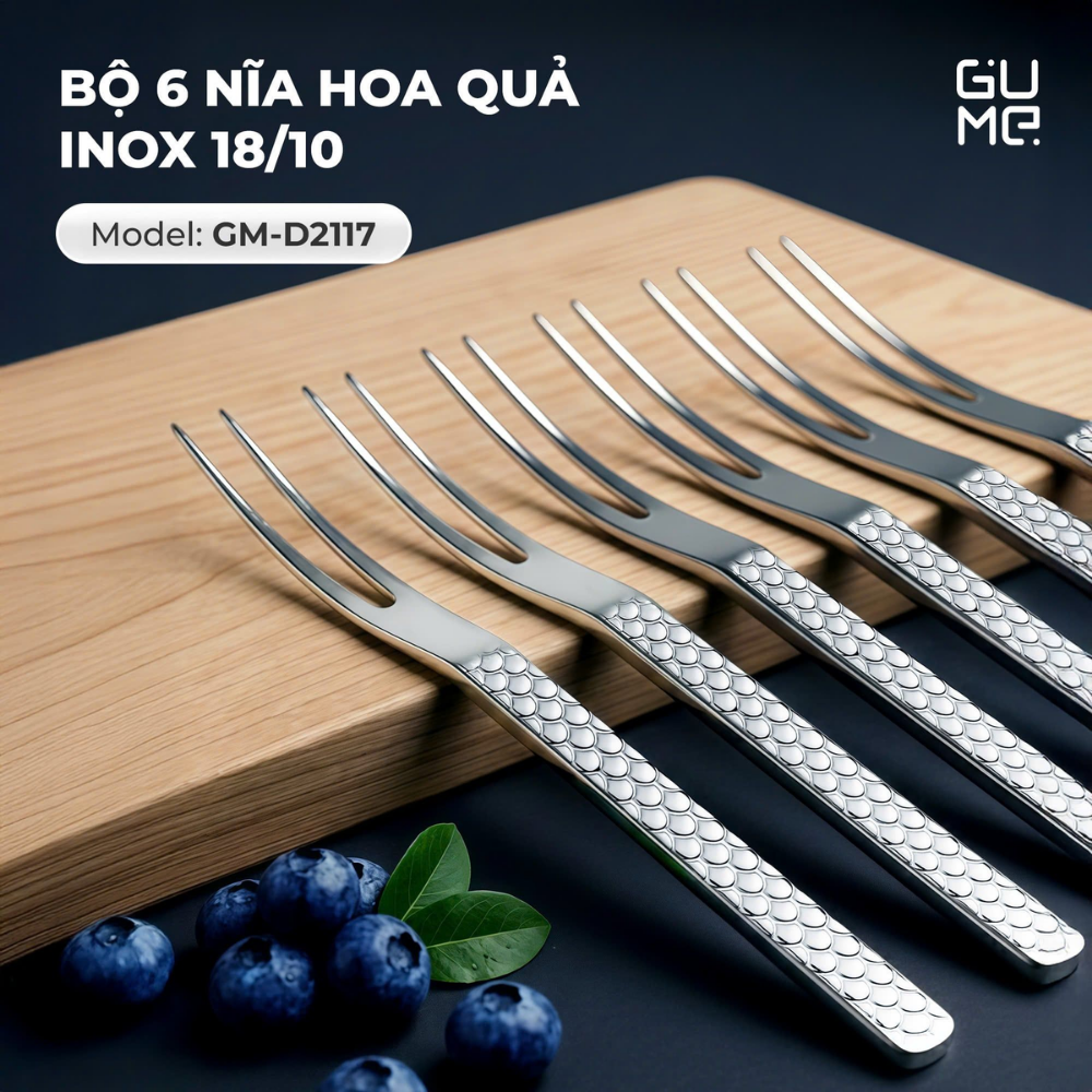BỘ 6 NĨA INOX 18/10 GUME GM-D2117 ĂN TRÁI CÂY SÁNG BÓNG