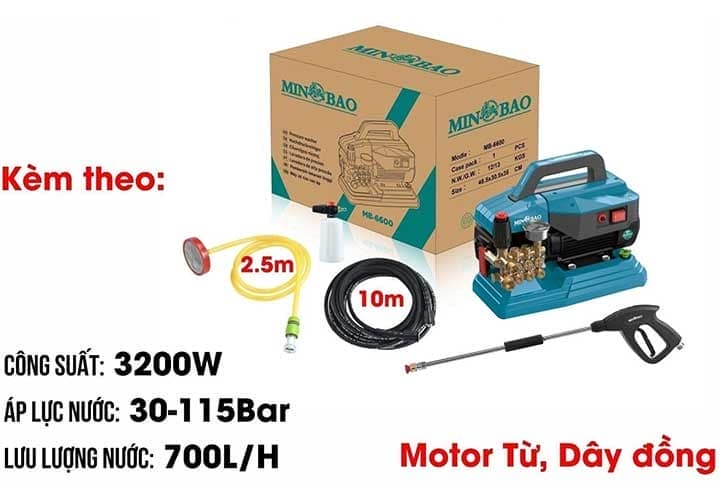 MÁY XỊT RỬA (CHỈNH ÁP) MINBAO MB-6600 – CÔNG SUẤT MẠNH MẼ 3200W, CHỈNH ÁP TỪ 30-115BAR, THIẾT KẾ BỀN BỈ