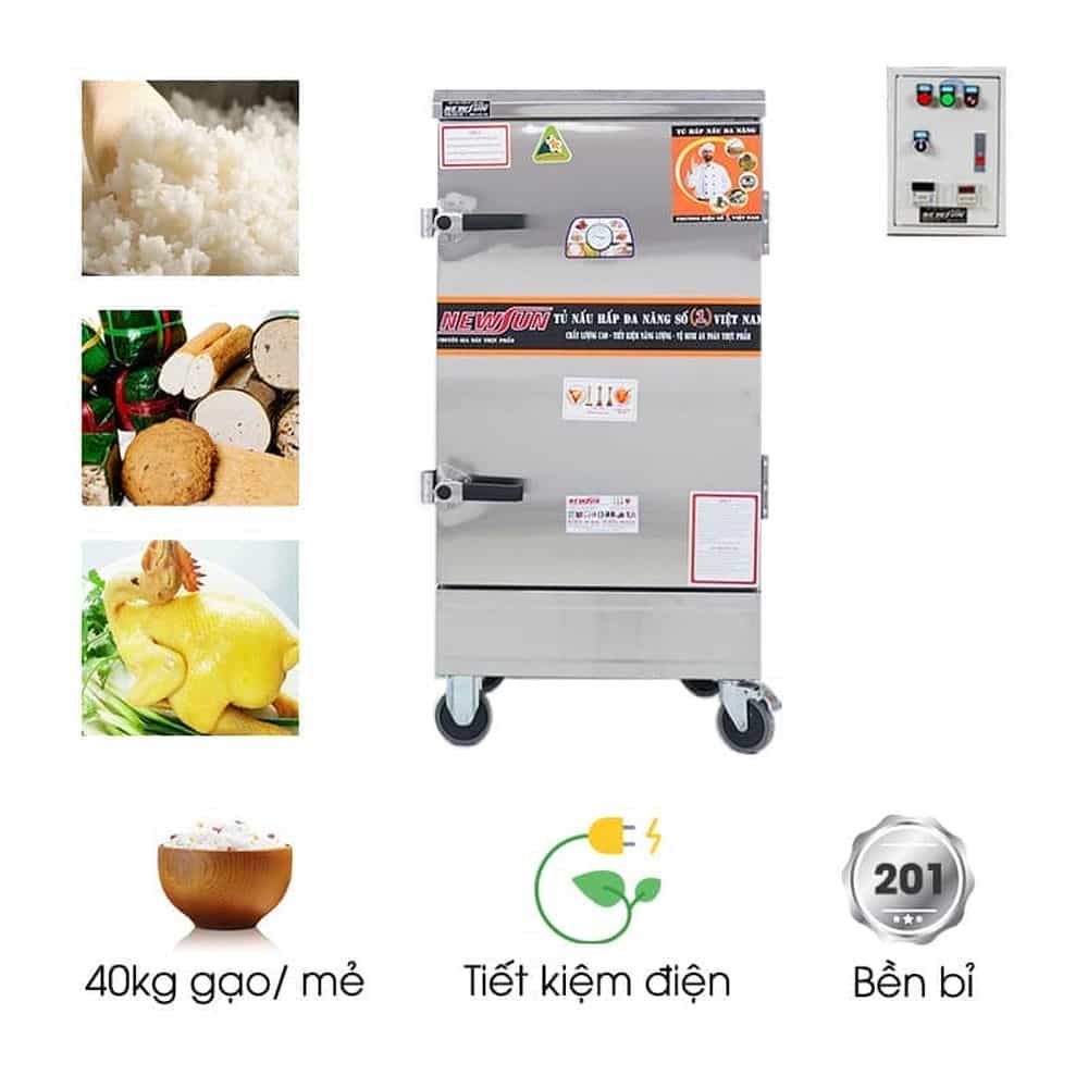 TỦ CƠM CÔNG NGHIỆP DÙNG ĐIỆN INOX 201 10 KHAY 40KG GẠO NEWSUN NS-THVNĐ10K