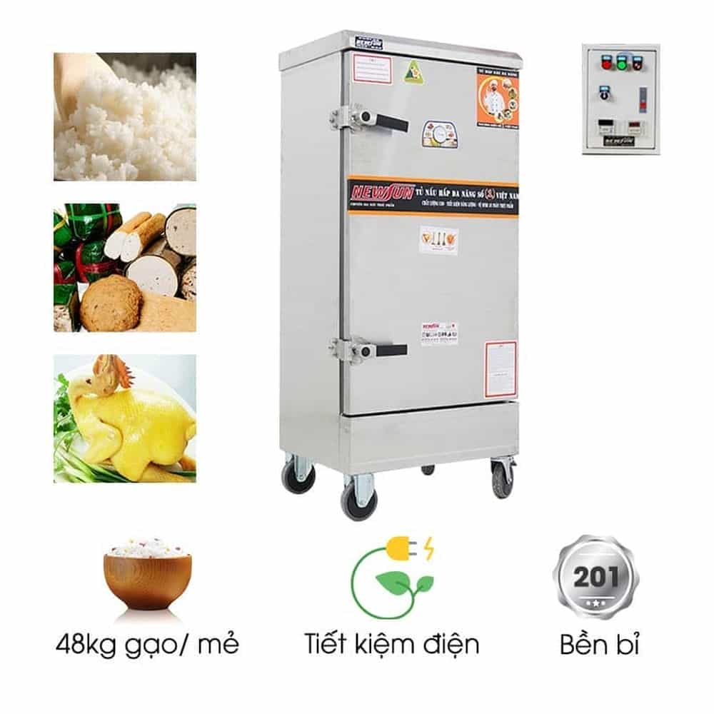 TỦ CƠM CÔNG NGHIỆP DÙNG ĐIỆN INOX 201 12 KHAY 48KG GẠO NEWSUN NS-THVNĐ12K