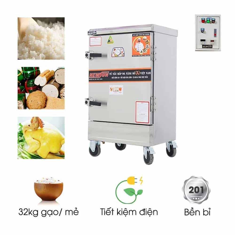 TỦ CƠM CÔNG NGHIỆP DÙNG ĐIỆN INOX 201 8 KHAY 32KG GẠO NEWSUN NS-THVNĐ8K
