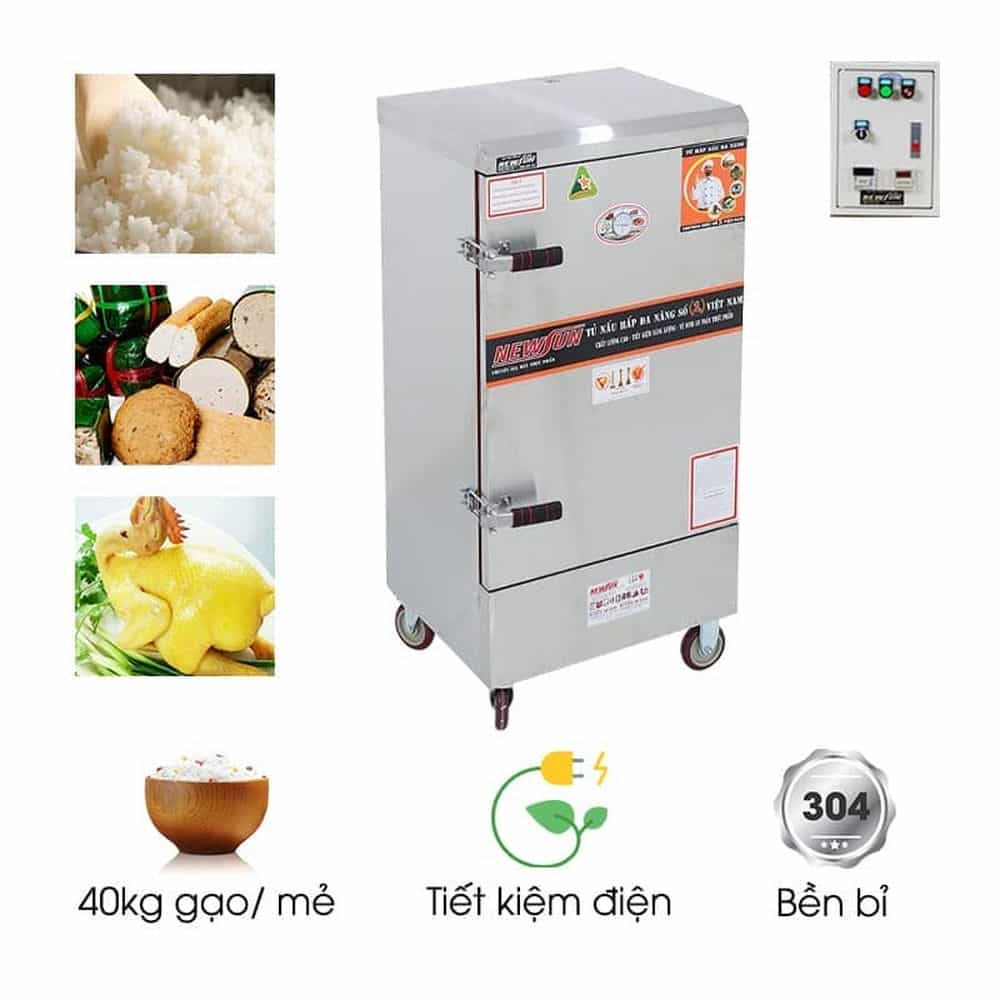 TỦ CƠM CÔNG NGHIỆP DÙNG ĐIỆN INOX 304 10 KHAY 40KG GẠO NEWSUN NS-THVNĐ10K304
