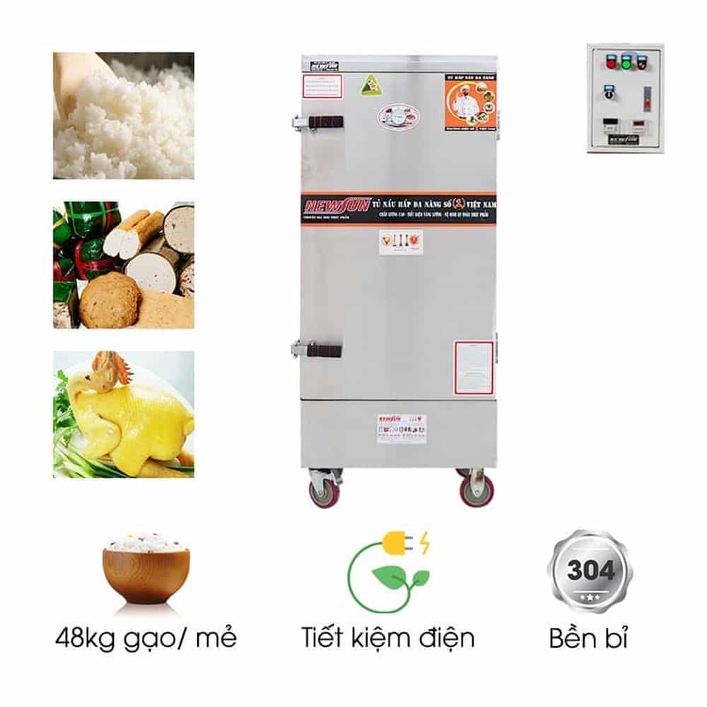 TỦ CƠM CÔNG NGHIỆP DÙNG ĐIỆN INOX 304 12 KHAY 48KG GẠO NEWSUN NS-THVNĐ12K304