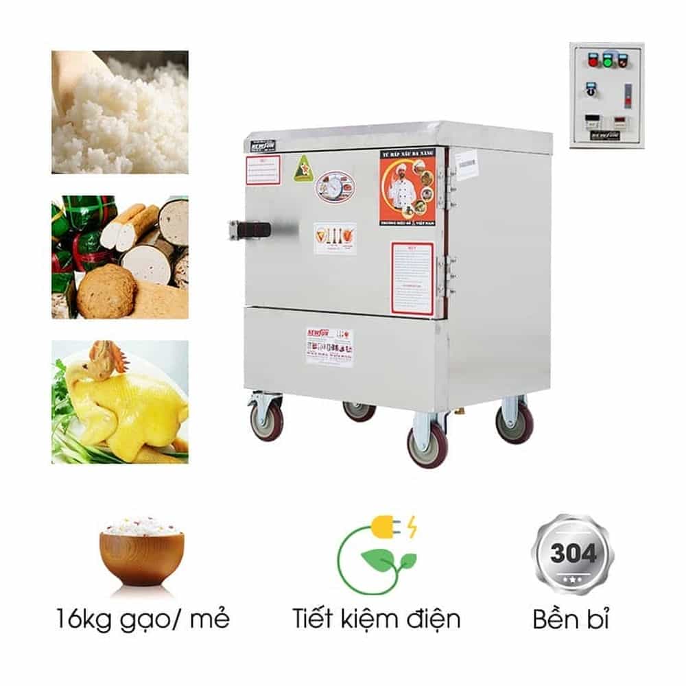 TỦ CƠM CÔNG NGHIỆP DÙNG ĐIỆN INOX 304 4 KHAY 16KG GẠO NEWSUN NS-THVNĐ4K304