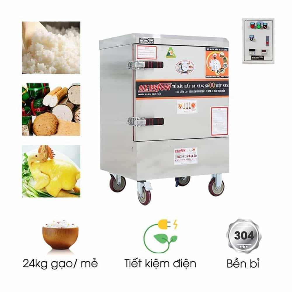 TỦ CƠM CÔNG NGHIỆP DÙNG ĐIỆN INOX 304 6 KHAY 24KG GẠO NEWSUN NS-THVNĐ6K304