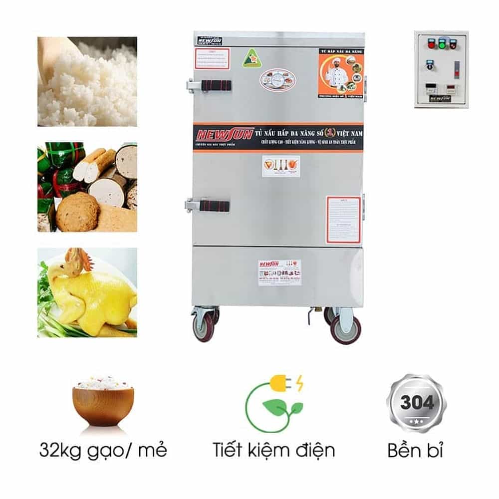 TỦ CƠM CÔNG NGHIỆP DÙNG ĐIỆN INOX 304 8 KHAY 32KG GẠO NEWSUN NS-THVNĐ8K304