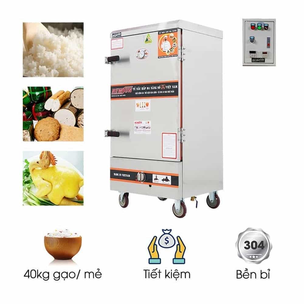 TỦ CƠM CÔNG NGHIỆP DÙNG ĐIỆN VÀ GAS INOX 201 10 KHAY 40KG GẠO NEWSUN NS-THVNĐG10K