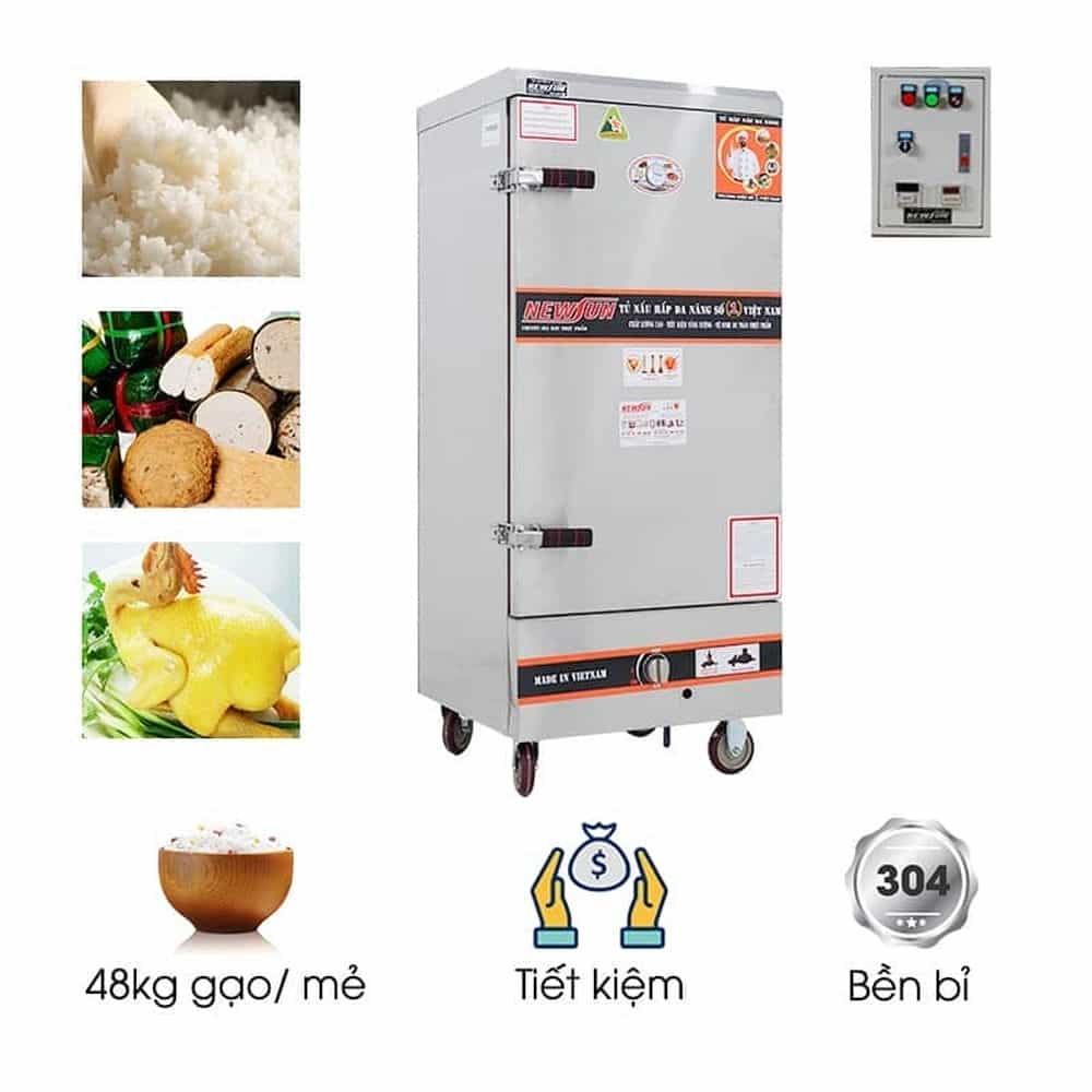 TỦ CƠM CÔNG NGHIỆP DÙNG ĐIỆN VÀ GAS INOX 201 12 KHAY 48KG GẠO NEWSUN NS-THVNĐG12K