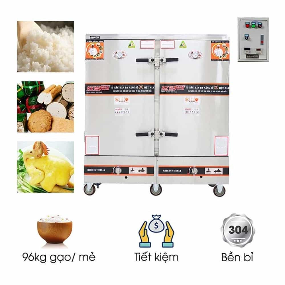 TỦ CƠM CÔNG NGHIỆP DÙNG ĐIỆN VÀ GAS INOX 201 24 KHAY 96KG GẠO NEWSUN NS-THVNĐG24K