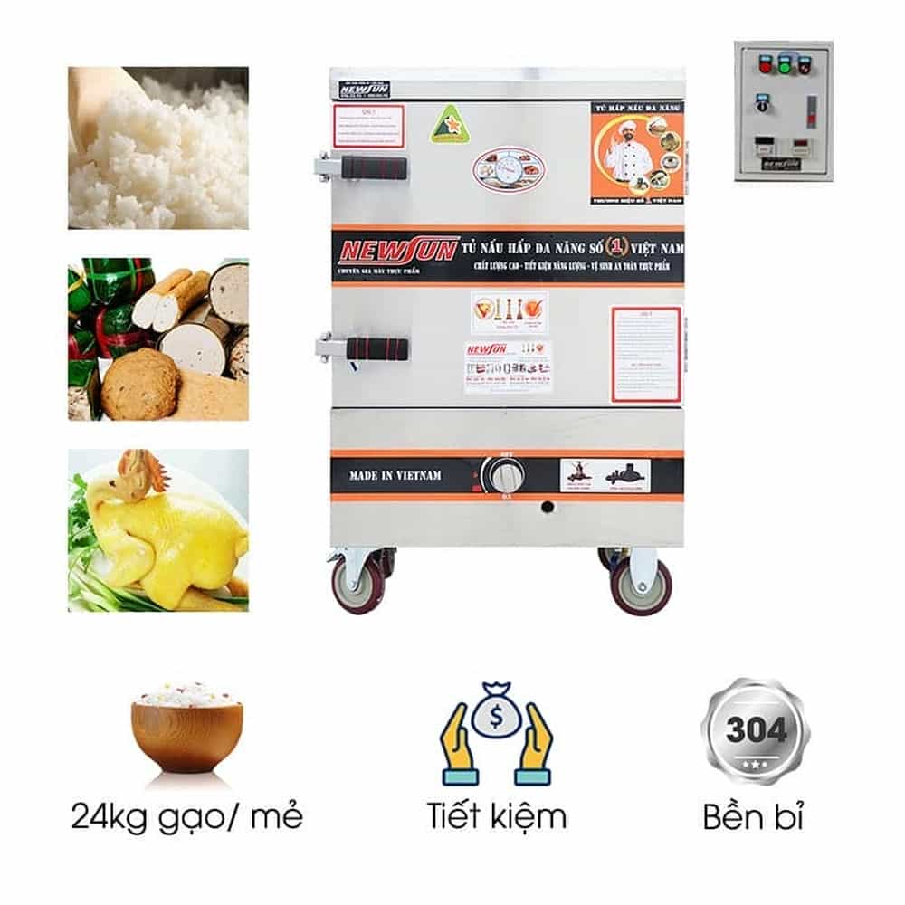 TỦ CƠM CÔNG NGHIỆP DÙNG ĐIỆN VÀ GAS INOX 201 6 KHAY 24KG GẠO NEWSUN NS-THVNĐG6K