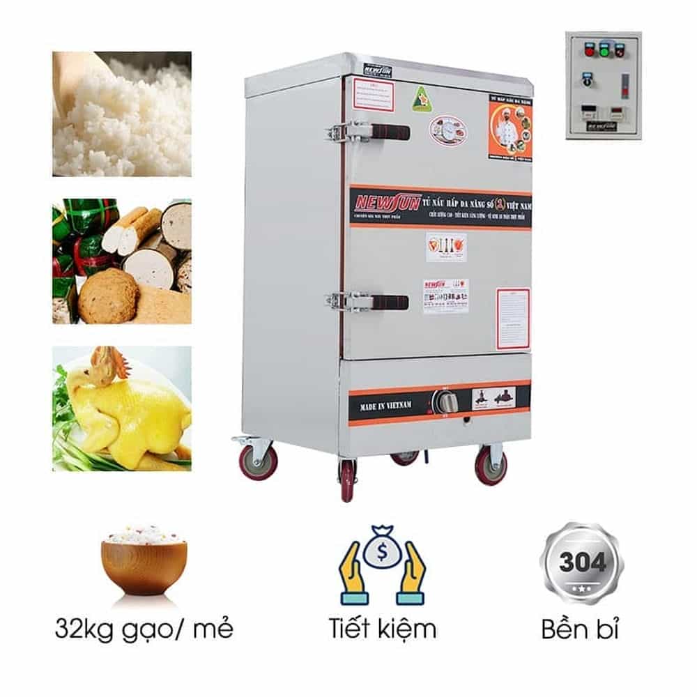 TỦ CƠM CÔNG NGHIỆP DÙNG ĐIỆN VÀ GAS INOX 201 8 KHAY 32KG GẠO NEWSUN NS-THVNĐG8K