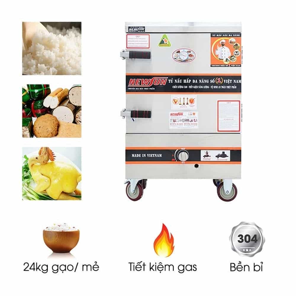 TỦ CƠM CÔNG NGHIỆP DÙNG GAS INOX 201 6 KHAY 24KG GẠO NEWSUN NS-THVNG6K