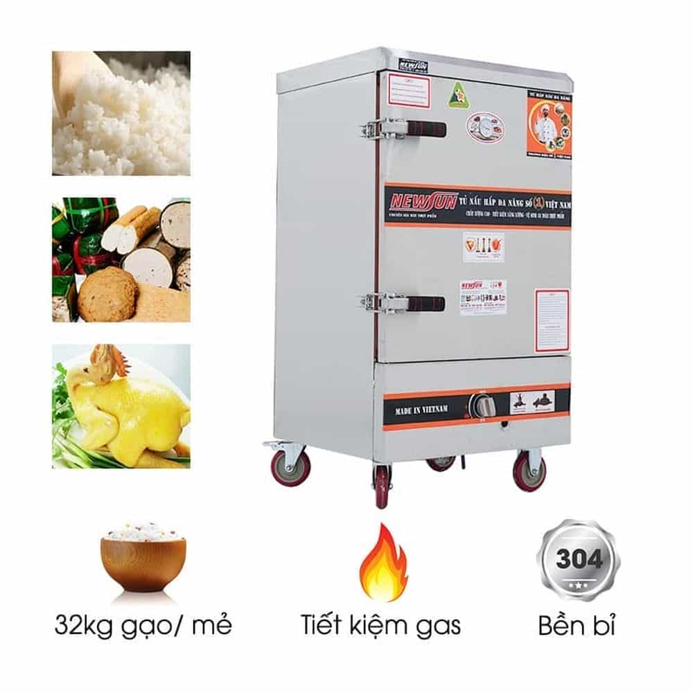 TỦ CƠM CÔNG NGHIỆP DÙNG GAS INOX 304 10 KHAY 40KG GẠO NEWSUN NS-THVNG10K304