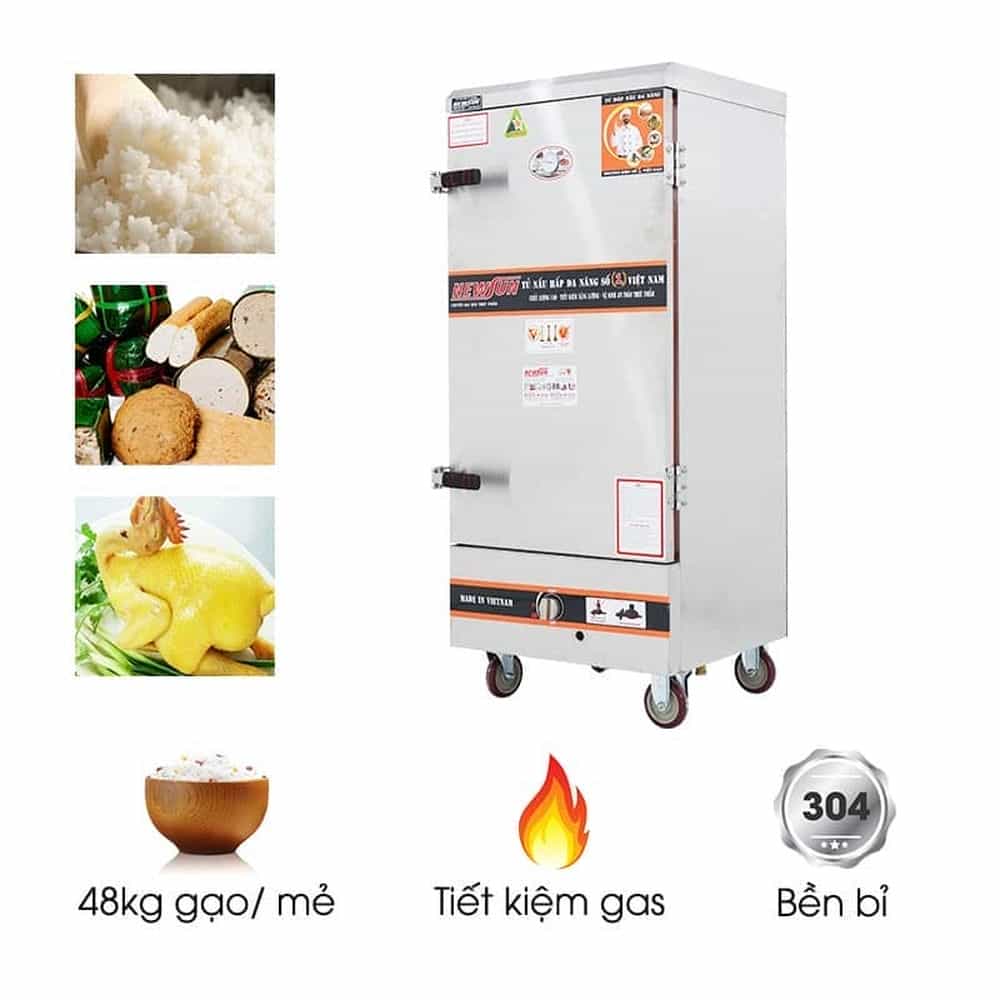 TỦ CƠM CÔNG NGHIỆP DÙNG GAS INOX 304 12 KHAY 48KG GẠO NEWSUN NS-THVNG12K304