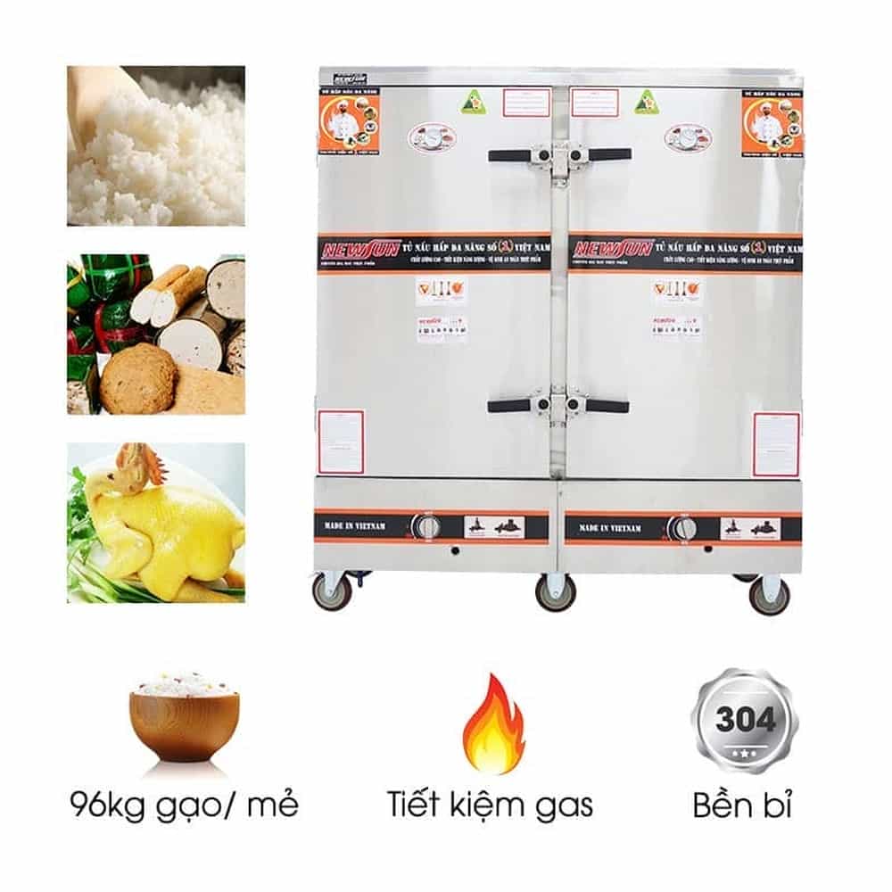 TỦ CƠM CÔNG NGHIỆP DÙNG GAS INOX 304 24 KHAY 96KG GẠO NEWSUN NS-THVNG24K304