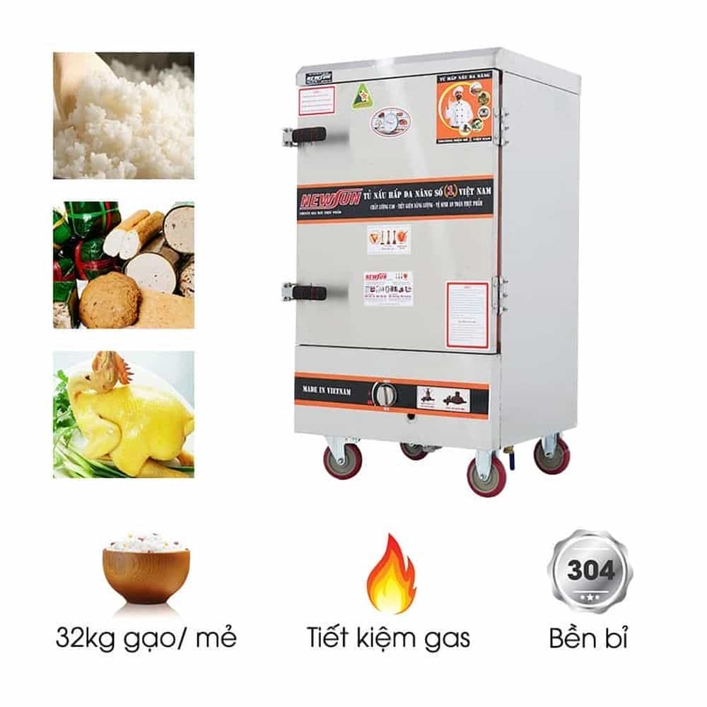 TỦ CƠM CÔNG NGHIỆP DÙNG GAS INOX 304 8 KHAY 32KG GẠO NEWSUN NS-THVNG8K304