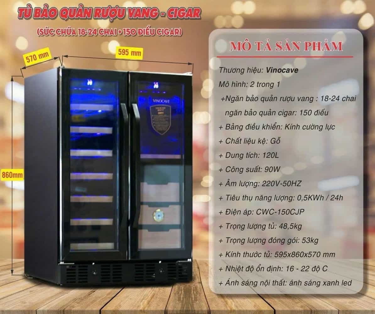 TỦ MÁT RƯỢU VANG KẾT HỢP CIGAR VINOCAVE TU1-036-GO 24 CHAI