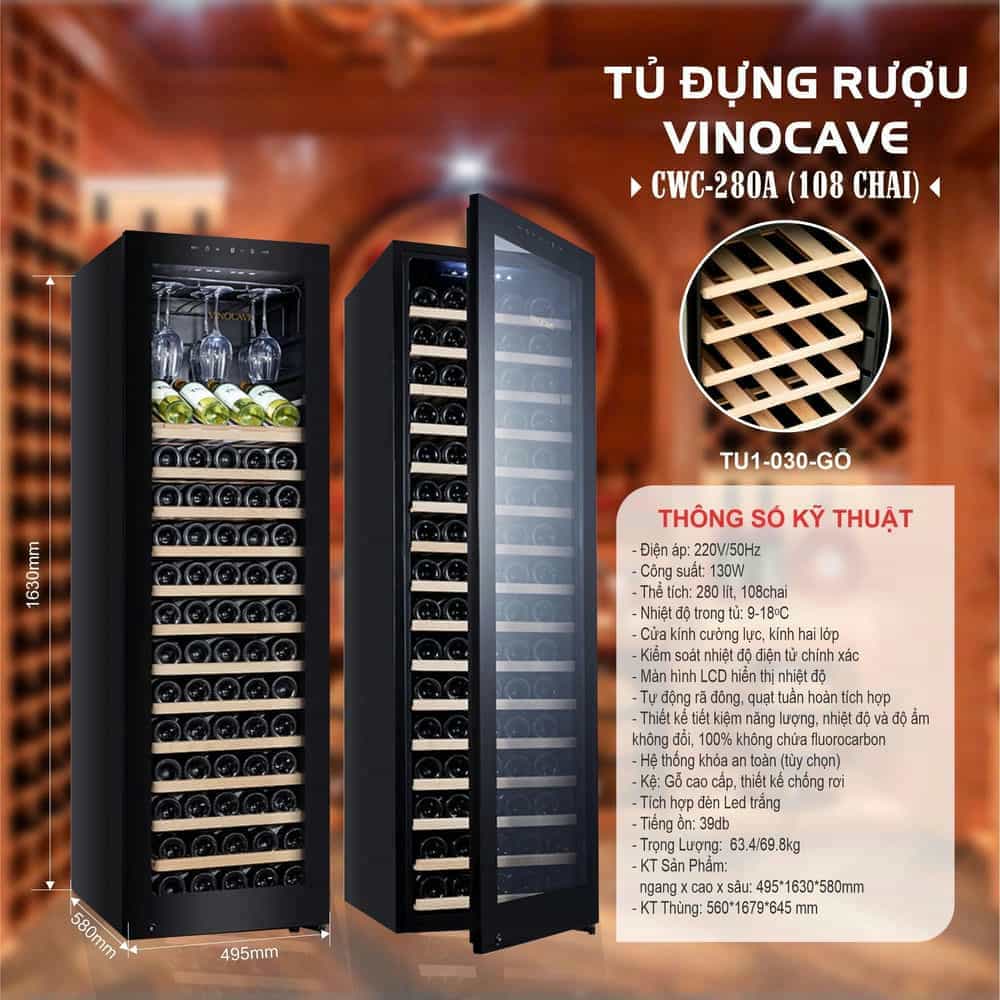 TỦ MÁT RƯỢU VANG VINOCAVE TU1-030-GO 108 CHAI GIÁ GỖ