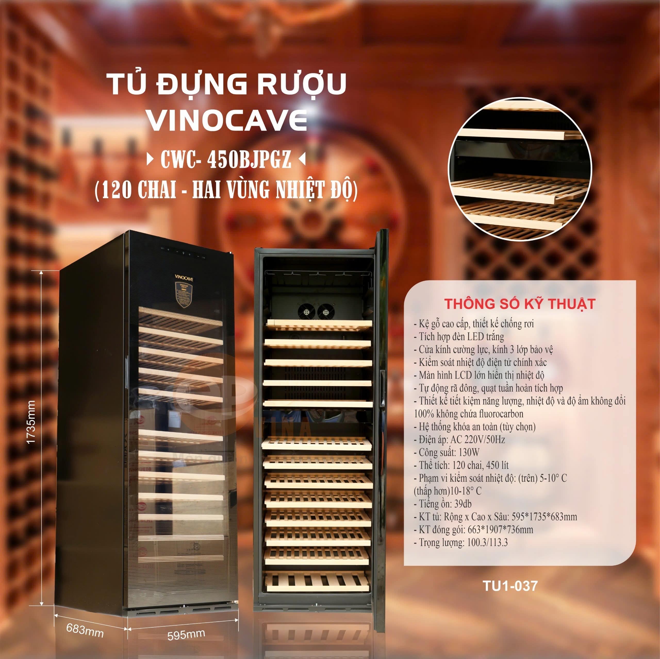 TỦ MÁT RƯỢU VANG VINOCAVE 120 CHAI TU1-037 (LỐC)