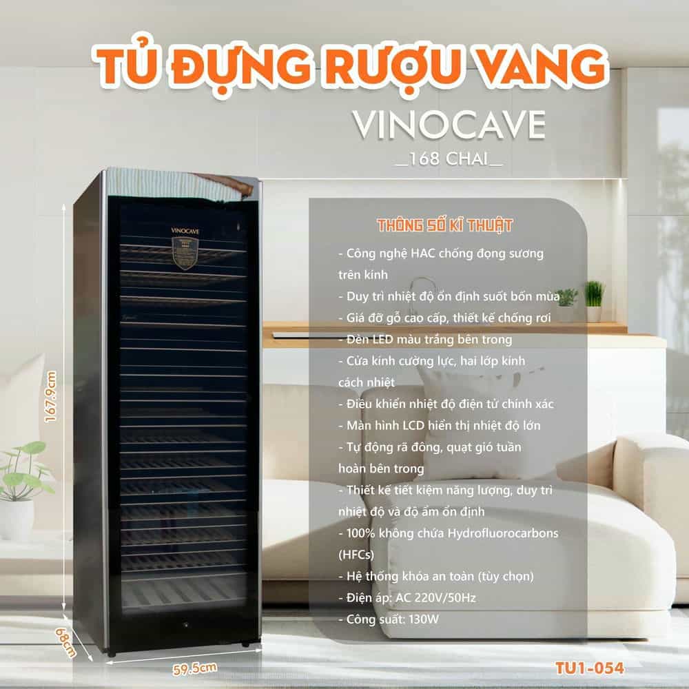 TỦ MÁT RƯỢU VANG VINOCAVE TU1-054 168 CHAI SẤY KÍNH