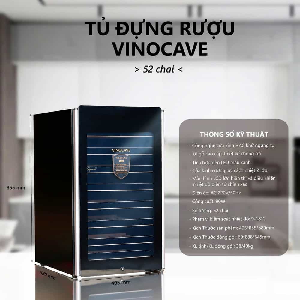 TỦ MÁT RƯỢU VANG VINOCAVE TU1-051 52 CHAI VIỀN BẠC