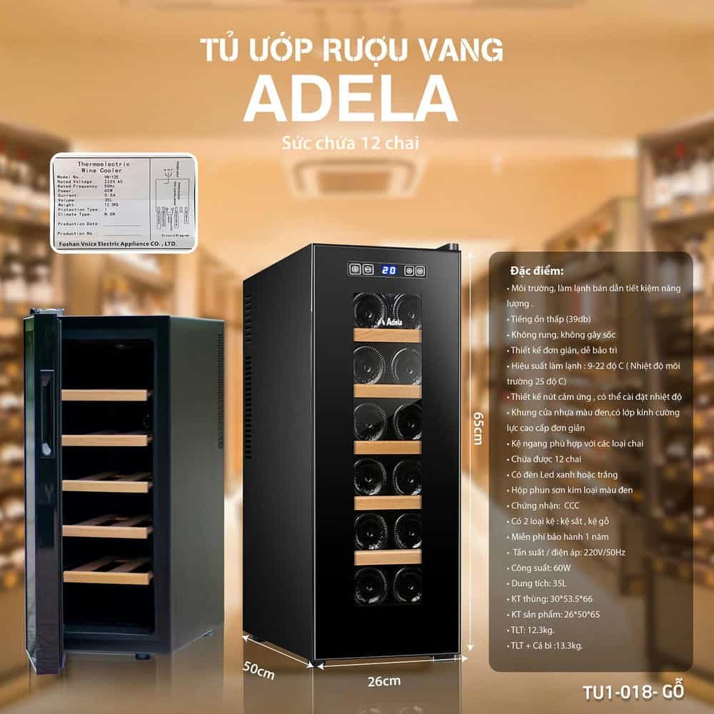 TỦ MÁT ƯỚP RƯỢU VANG ADELA TU1-018-GO 12 CHAI GIÁ GỖ