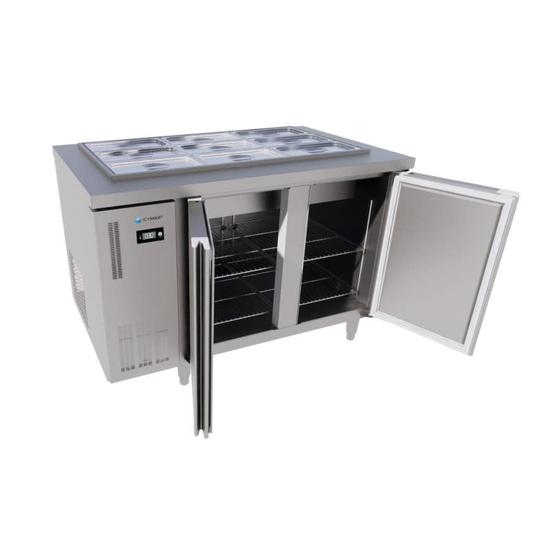 BÀN MÁT SALAD INOX 2 CÁNH ICYMAX 335 LÍT ISR-2S127 QUẠT GIÓ (R290) (INOX 430) (CHƯA KÈM KHAY)