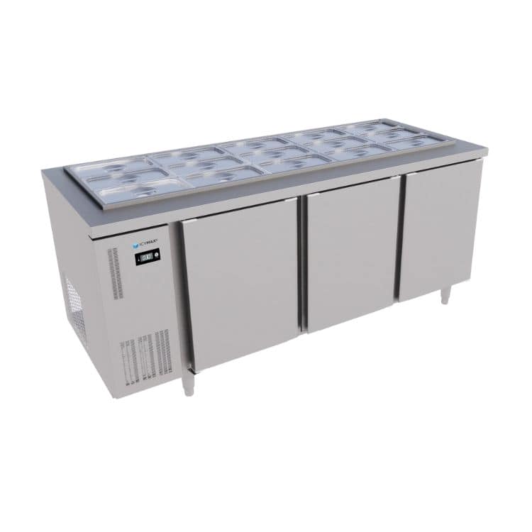 BÀN MÁT SALAD INOX 3 CÁNH ICYMAX 550 LÍT ISR-3S187 QUẠT GIÓ (R290) (INOX 430) (CHƯA KÈM KHAY)
