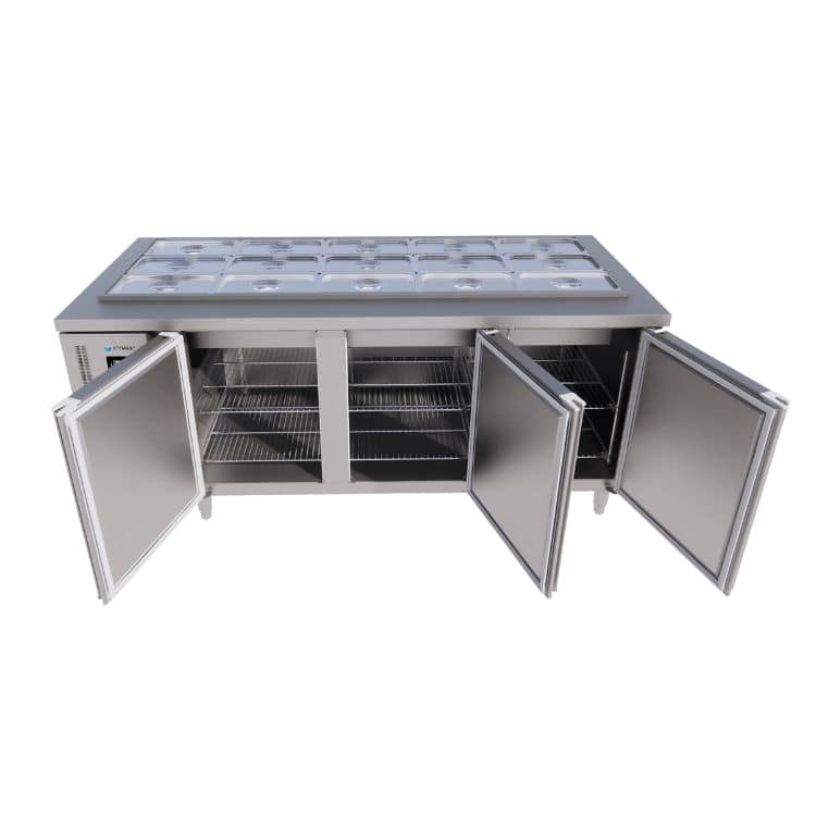 BÀN MÁT SALAD INOX 3 CÁNH ICYMAX 550 LÍT ISR-3S187 QUẠT GIÓ (R290) (INOX 430) (CHƯA KÈM KHAY)