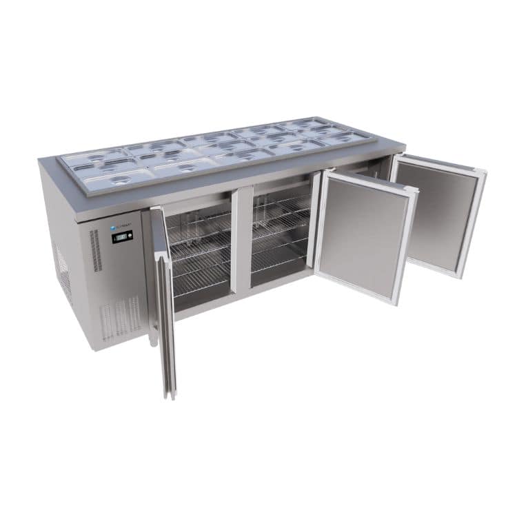 BÀN MÁT SALAD INOX 3 CÁNH ICYMAX 550 LÍT ISR-3S187 QUẠT GIÓ (R290) (INOX 430) (CHƯA KÈM KHAY)