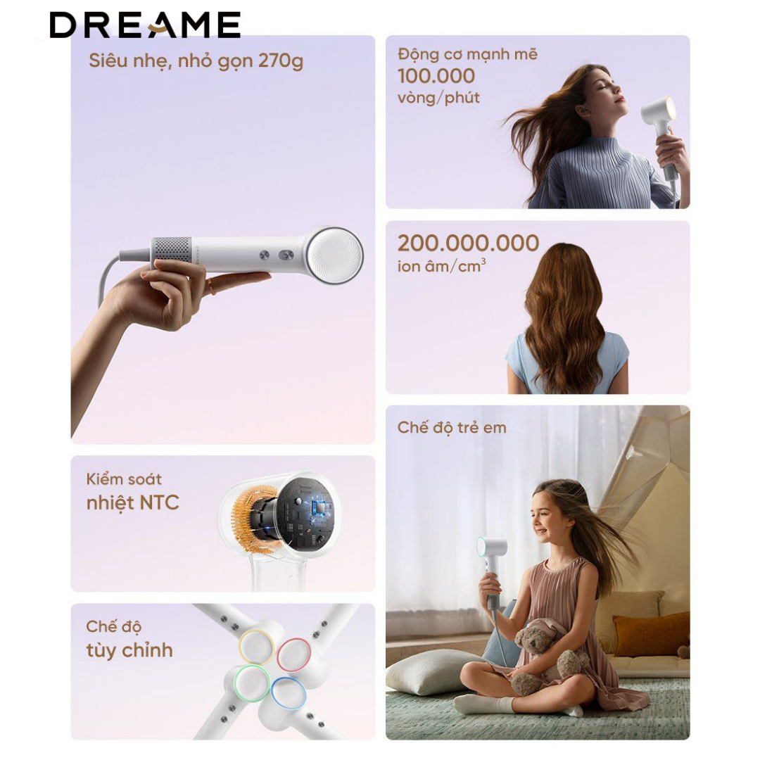 MÁY SẤY TÓC DREAME MINI SIÊU NHẸ 270G ĐỘNG CƠ 110.000 VÒNG/PHÚT
