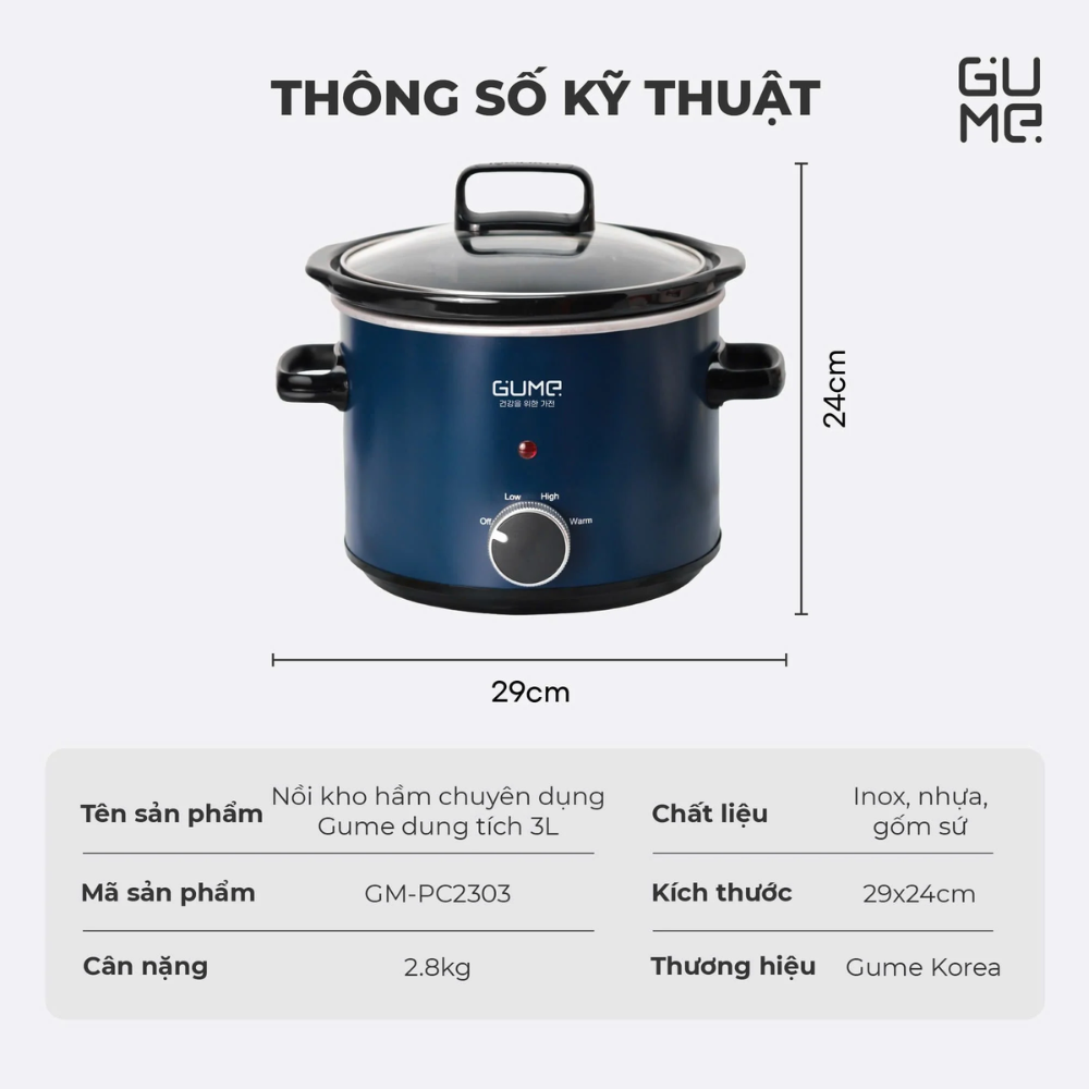 NỒI KHO HẦM GUME GM-PC2303 3L GIA NHIỆT 360° LÒNG GỐM SỨ