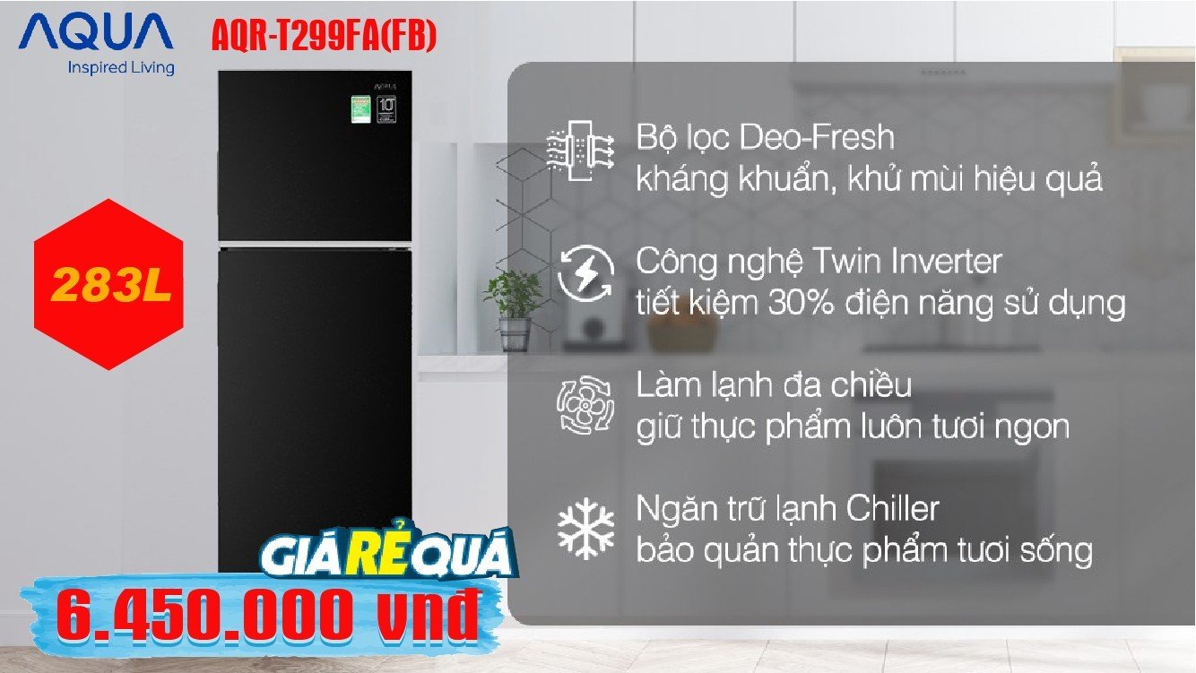 ĐẠI TIỆC AQUA - SĂN NGAY TỦ LẠNH INVERTER NGĂN ĐÁ TRÊN AQUA 283 LÍT AQR-T299FA(FB)