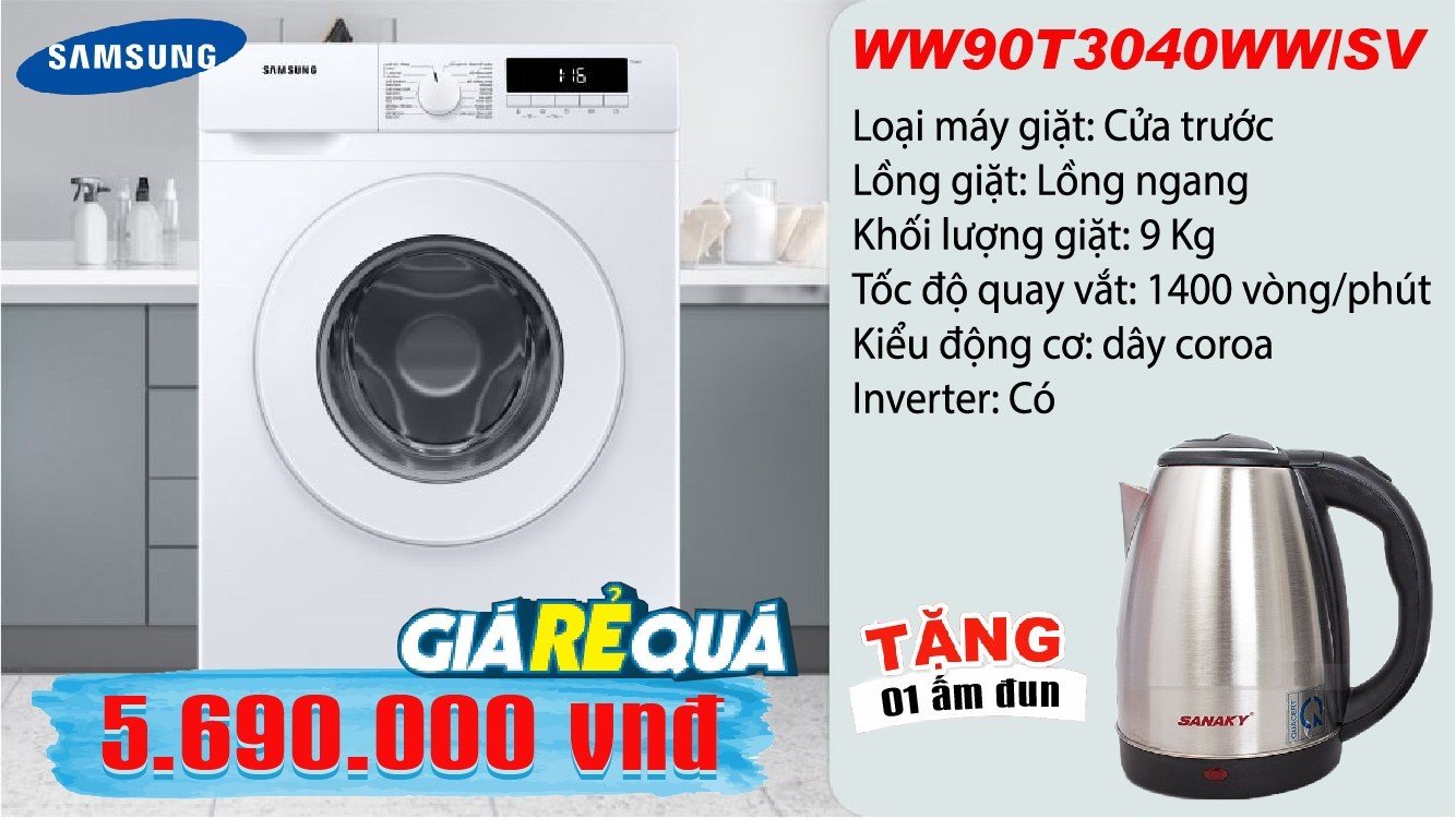 SIÊU GIẶT SẤY - SIÊU ƯU ĐÃI CÙNG MÁY GIẶT CỬA TRƯỚC INVERTER SAMSUNG 9.0 KG WW90T3040WW/SV