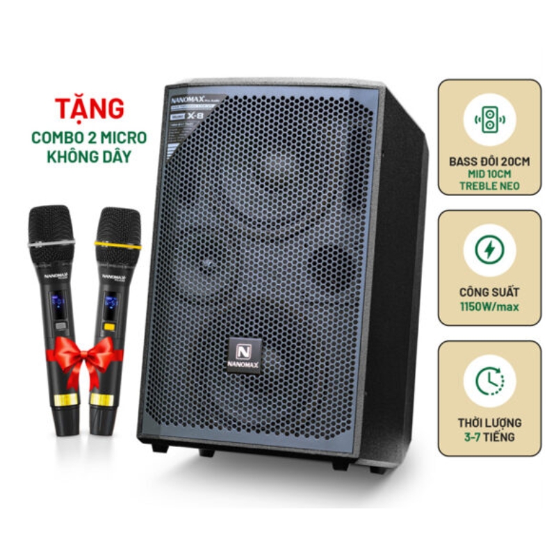 LOA KARAOKE XÁCH TAY NANOMAX X-8 (BASS ĐÔI 20CM)