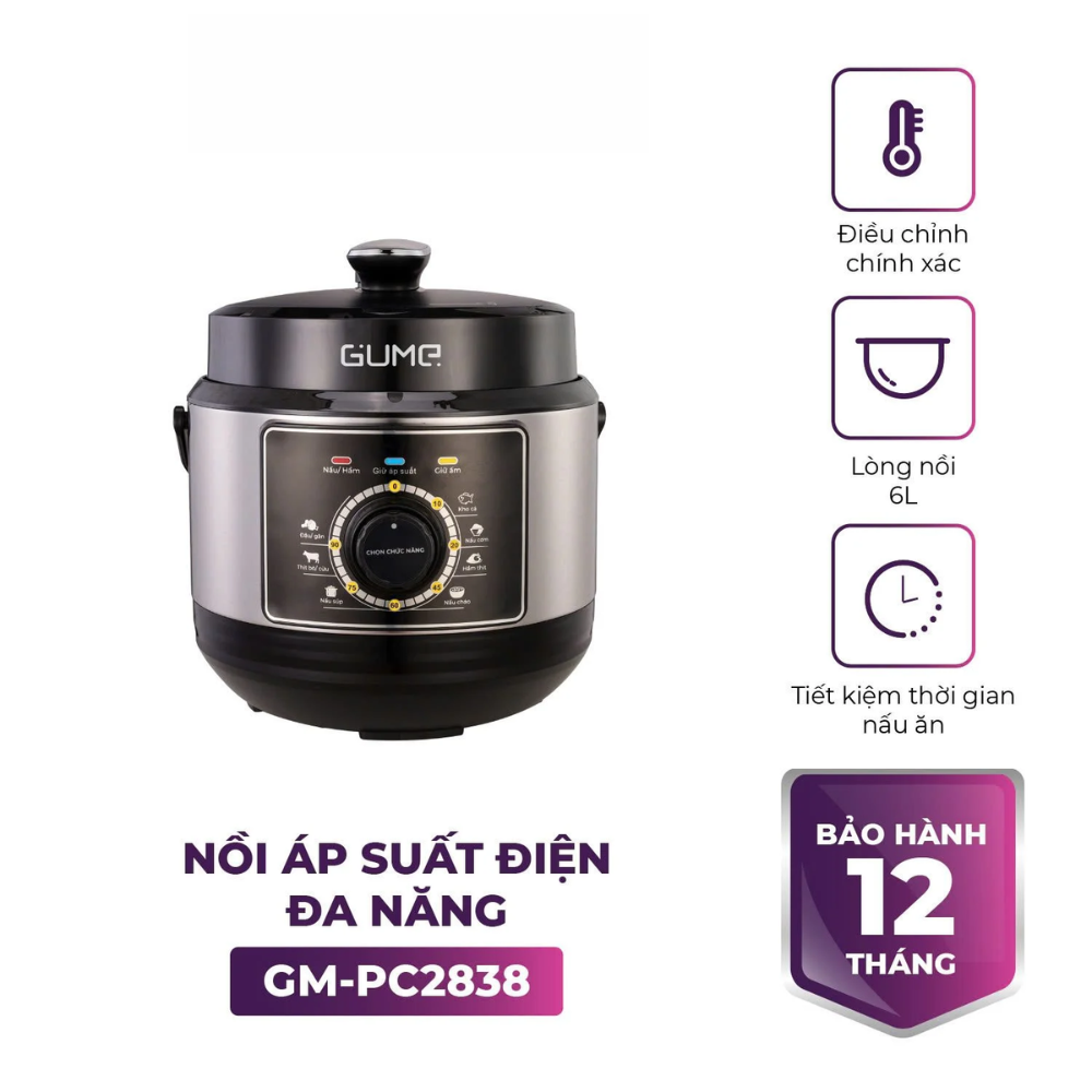 nồi áp suất gume gm-pc2838 6l inox 304 công suất 1000w