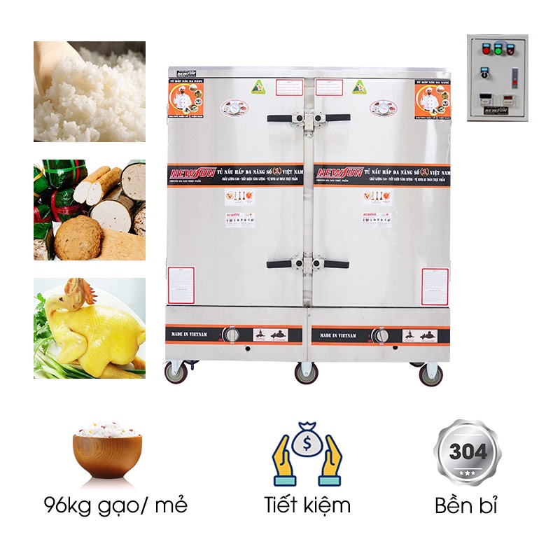 tủ cơm công nghiệp dùng điện và gas inox 201 24 khay 96kg gạo newsun ns-thvnđg24k