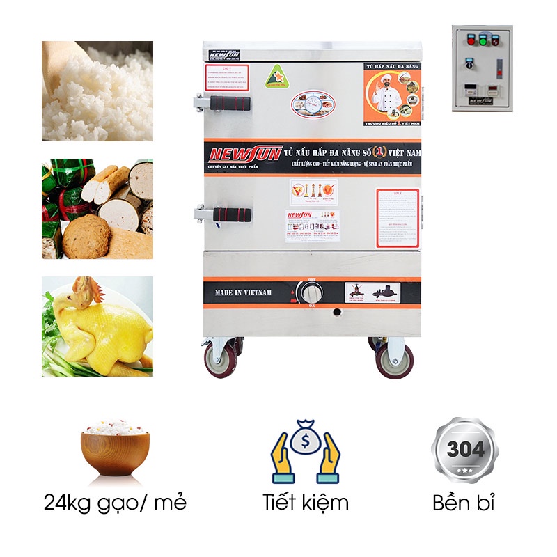 tủ cơm công nghiệp dùng điện và gas inox 201 6 khay 24kg gạo newsun ns-thvnđg6k
