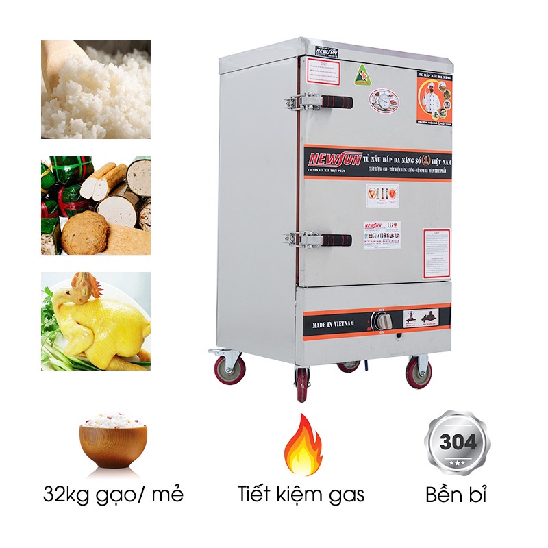 tủ cơm công nghiệp dùng gas inox 304 10 khay 40kg gạo newsun ns-thvng10k304