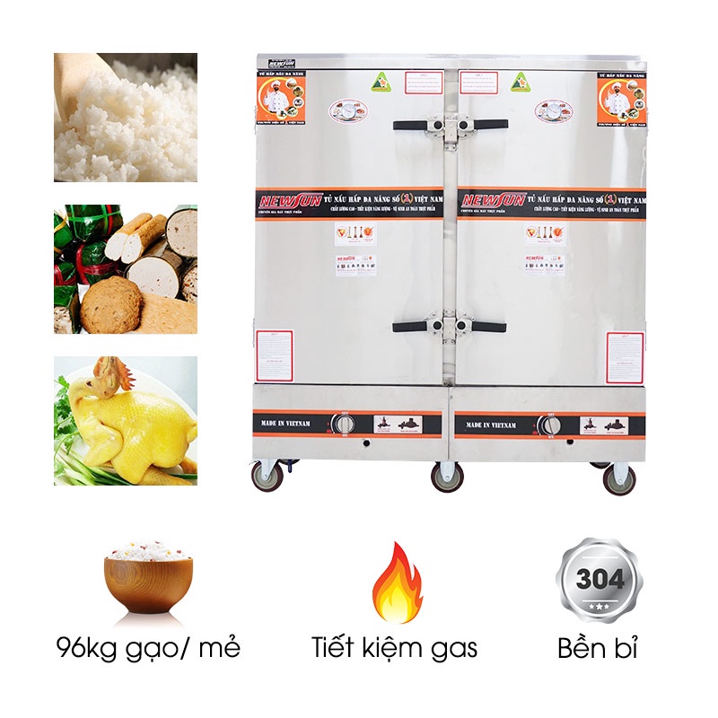 tủ cơm công nghiệp dùng gas inox 304 24 khay 96kg gạo newsun ns-thvng24k304