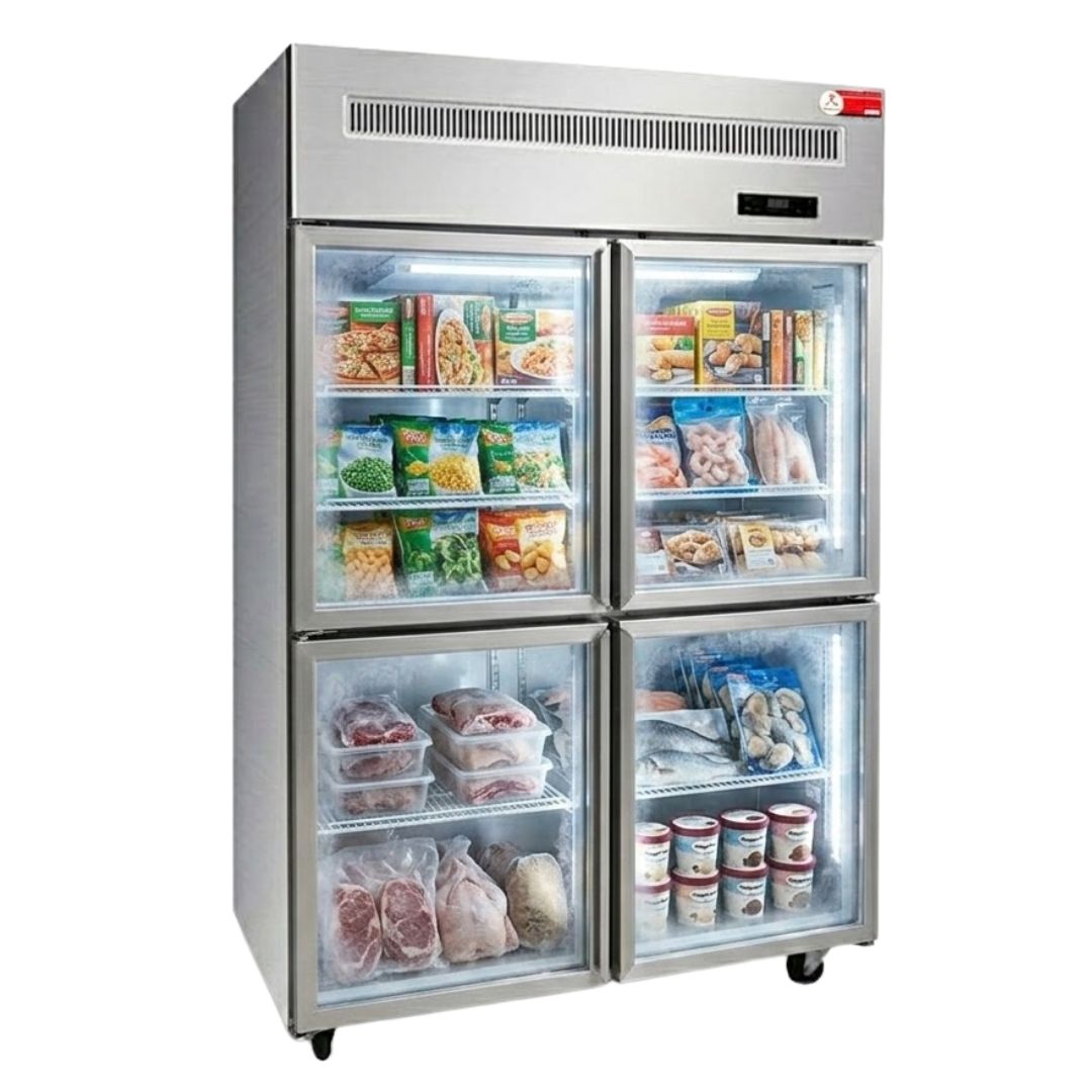 tủ đông inox 4 cánh kính oucboll 870 lít bcd-1200f-d-ck (quạt gió)