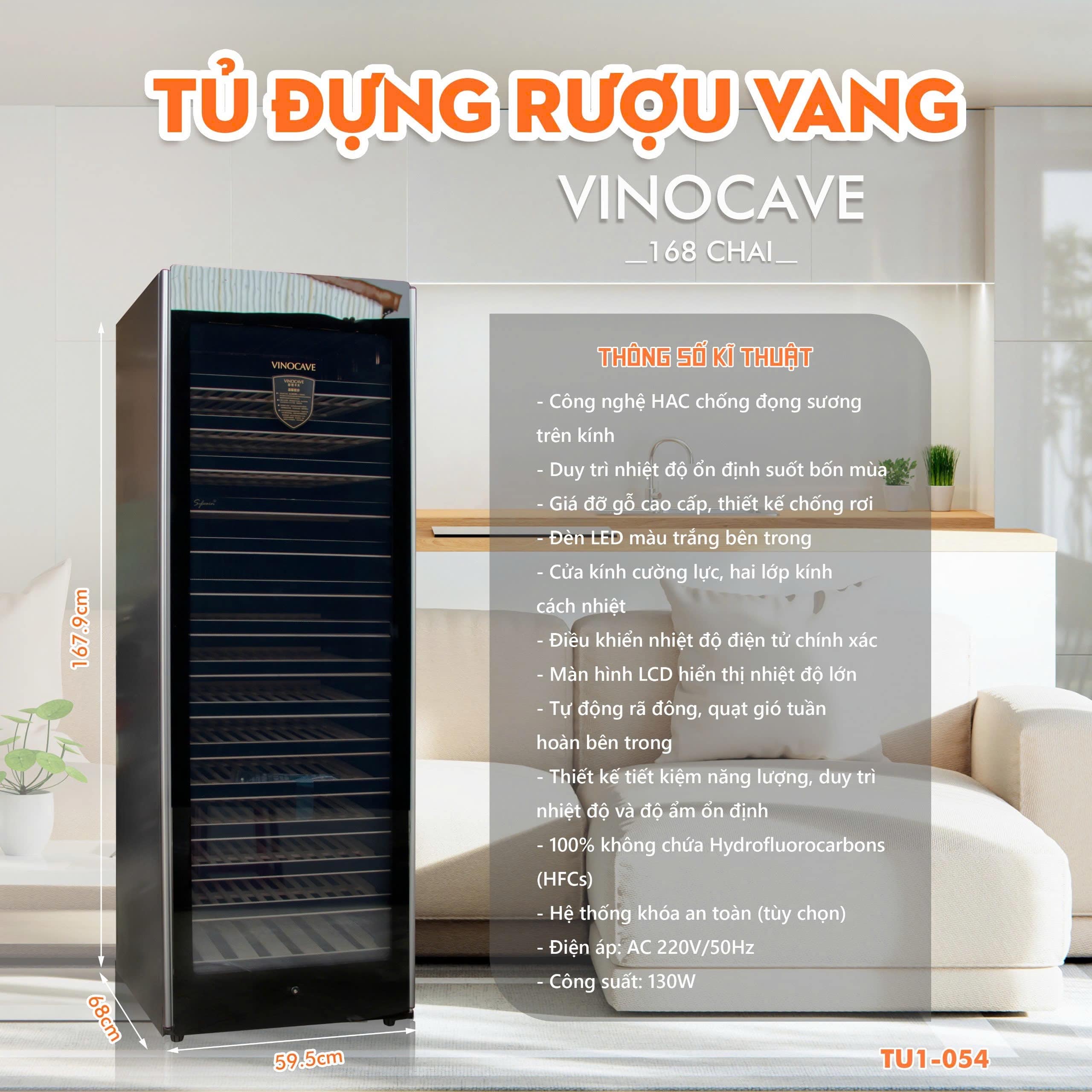 TỦ MÁT RƯỢU VANG VINOCAVE 168 CHAI TU1-054 (LỐC) (CÓ SẤY KÍNH)